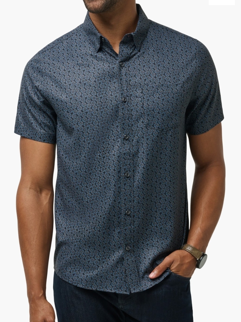 Nordstrom Men's Short-Sleeve Button-Down Shirt in Navy with Micro Print